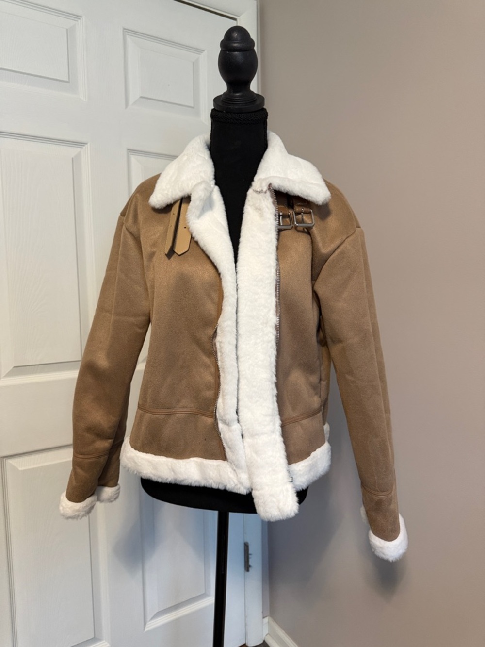 Women's Tan Faux-Shearling Aviator Jacket - Unbranded